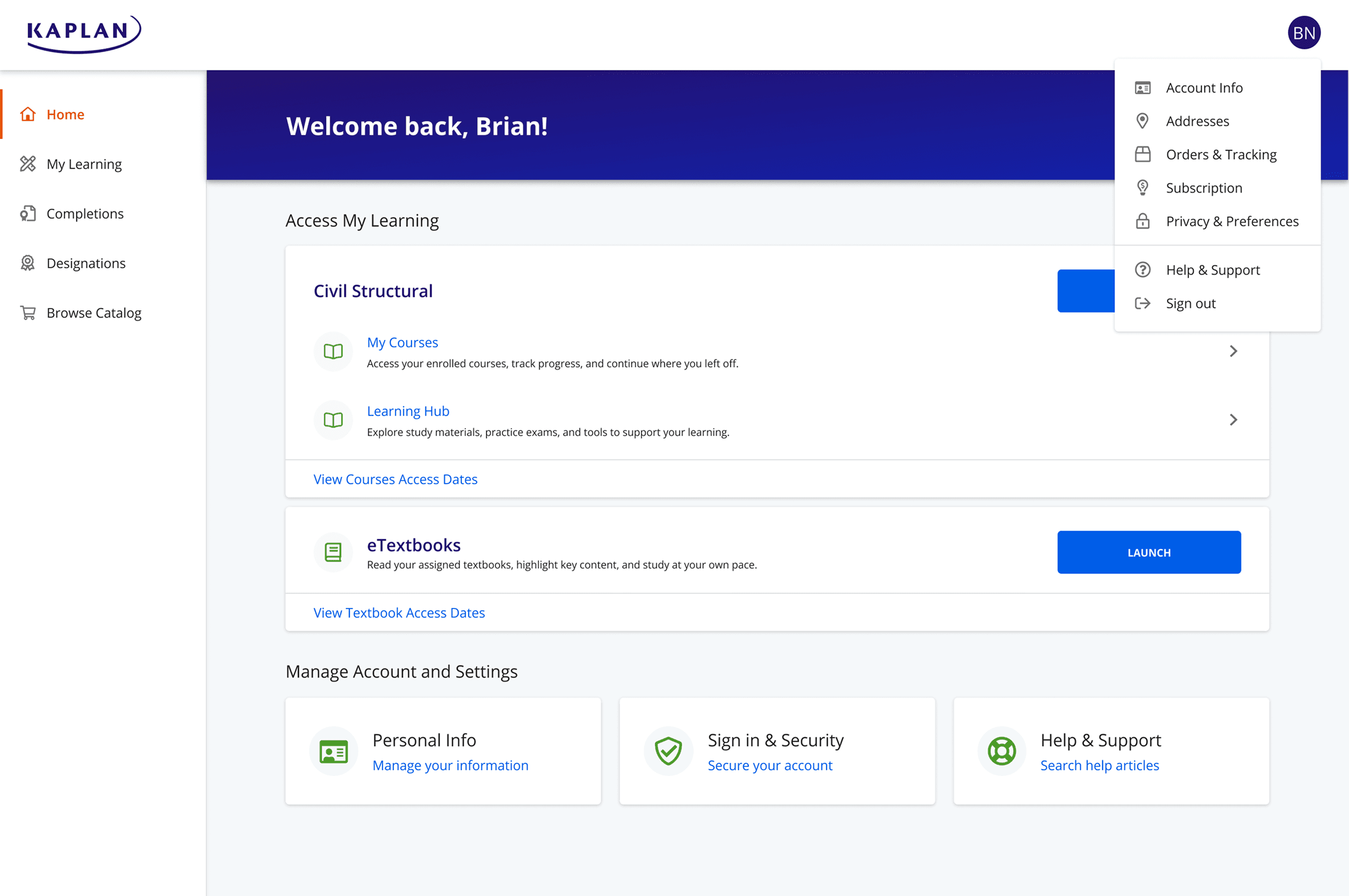 Kaplan navigation Design 2 — cleaner hierarchy