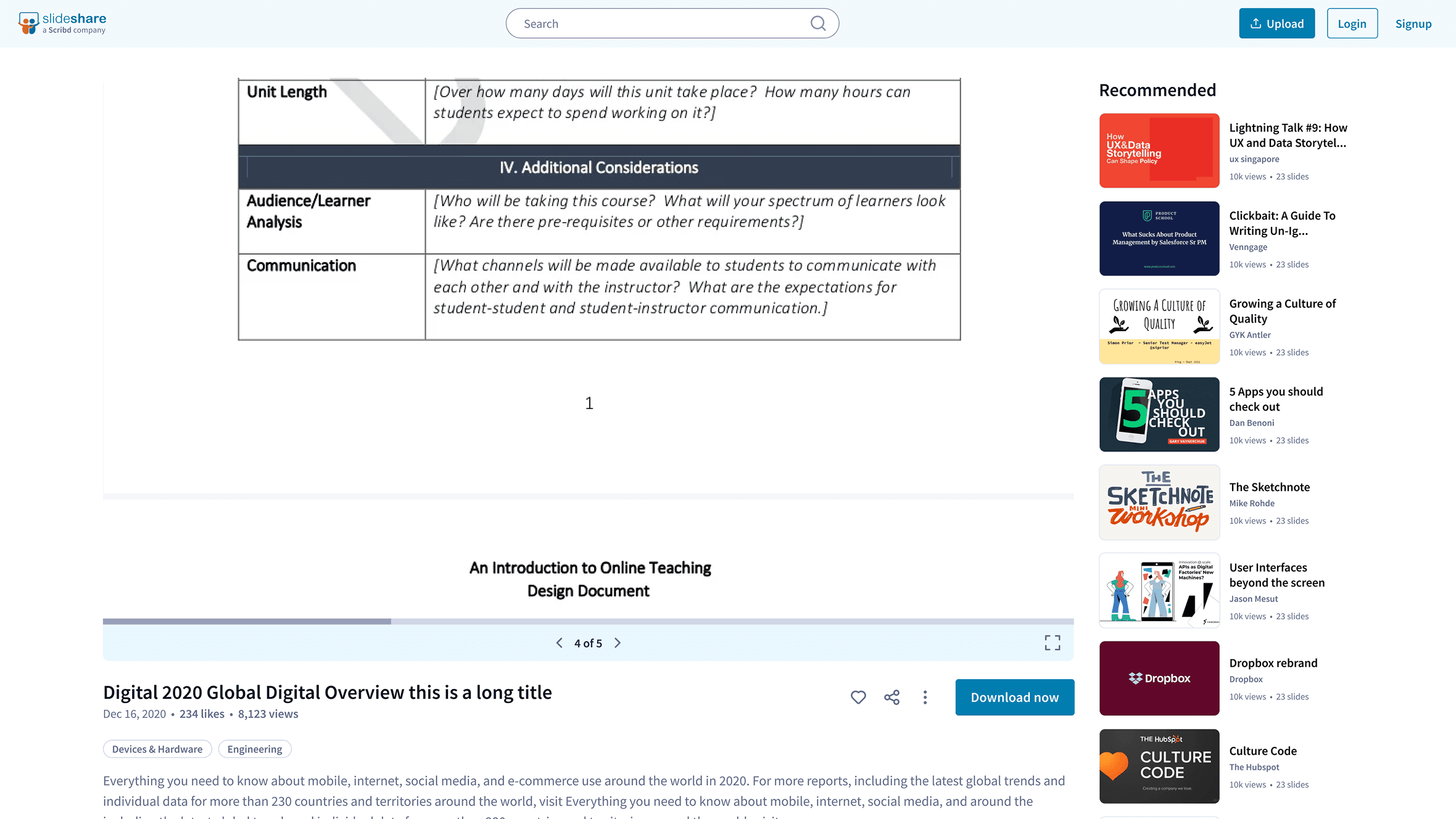 SlideShare document reader — before redesign